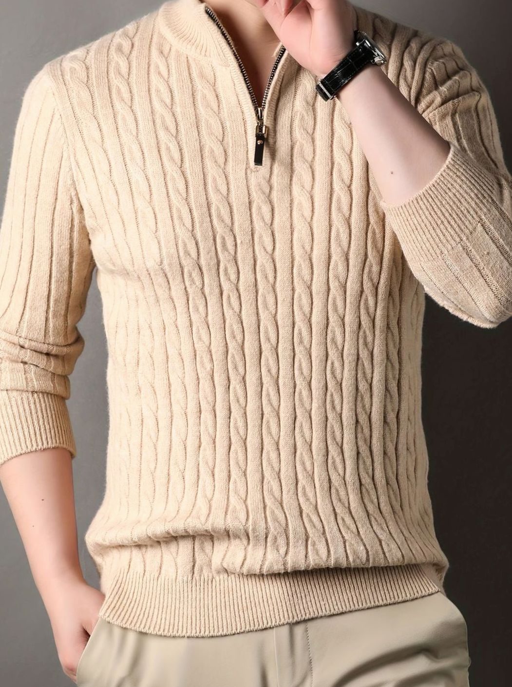 Men's Cable-Knit Half-Zip Winter Jumper - Apricot