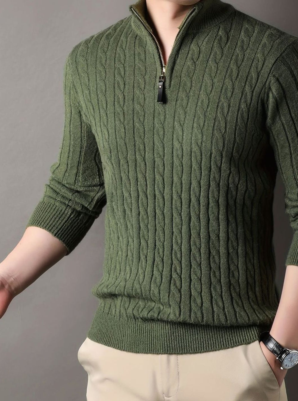 Men's Cable-Knit Half-Zip Winter Jumper - Green