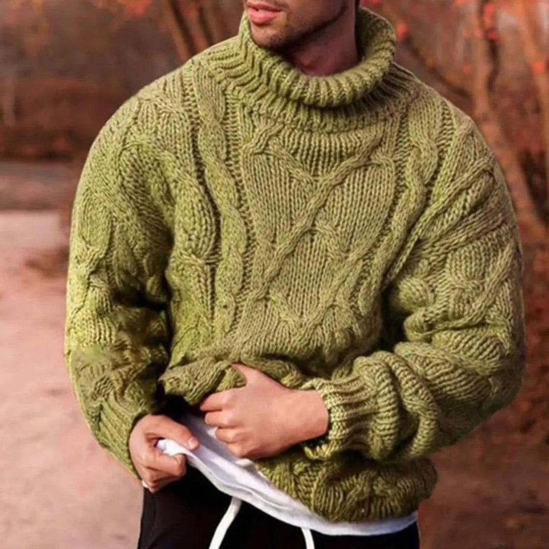 Men's Chunky Cable-Knit Turtleneck Winter Jumper - Green