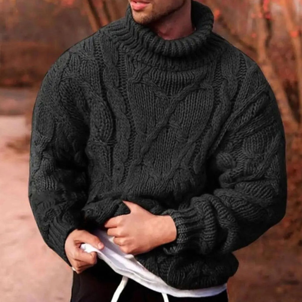 Men's Chunky Cable-Knit Turtleneck Winter Jumper - Black