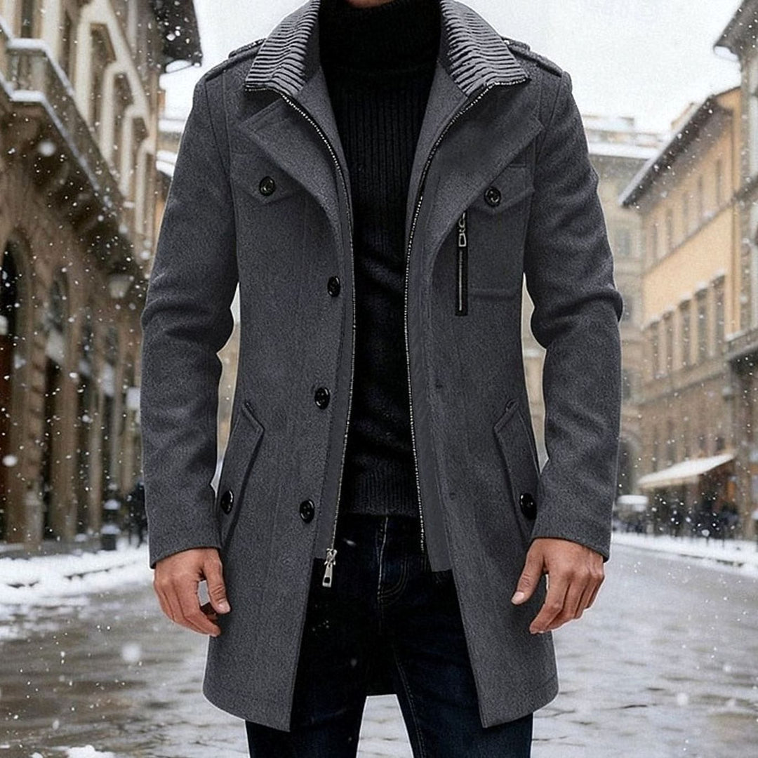 Men's Double-Breasted Wool Coat Tailored Overcoat - Grey