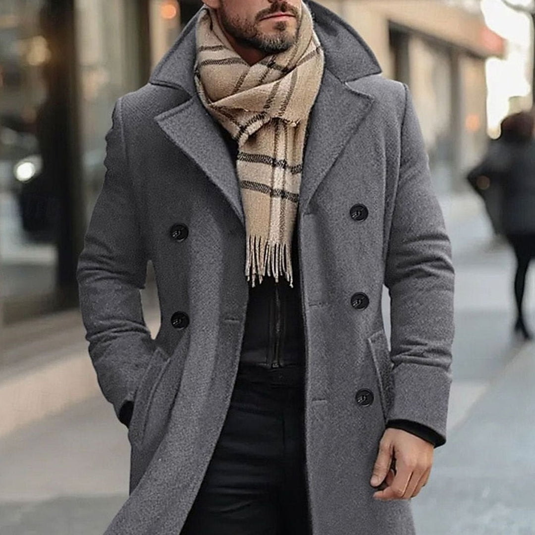Men's Double-Breasted Wool Overcoat Tailored Long Winter Coat - Grey