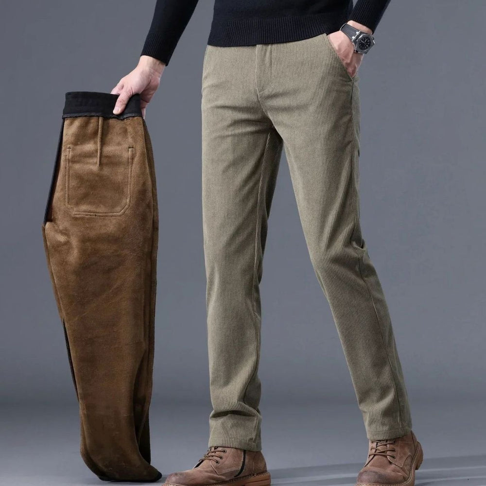 Men's Fleece-Lined Corduroy Warm Trousers Straight Fit - Khaki