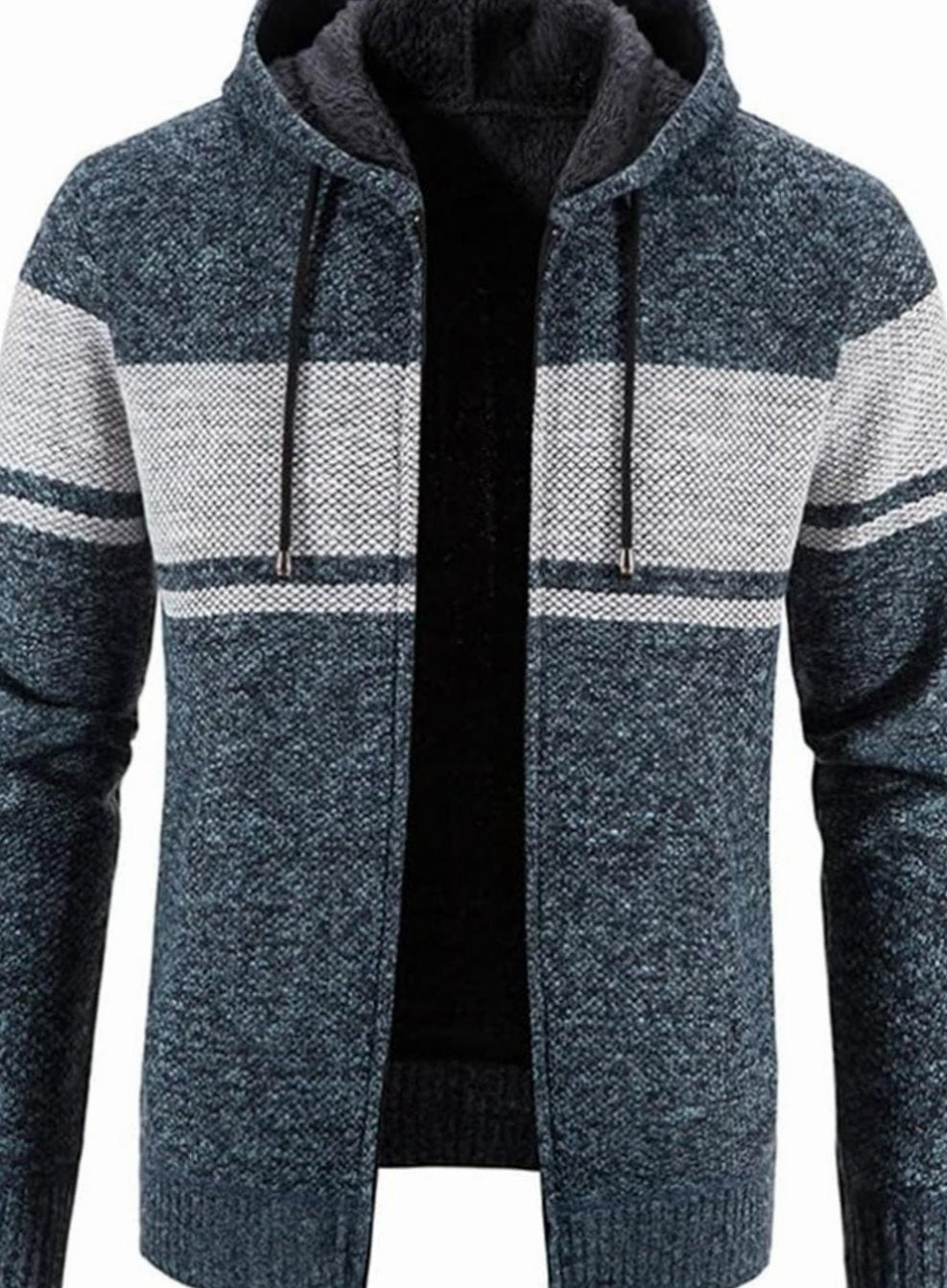 Men's Fleece-Lined Hooded Zip Front Cardigan Jumper - Blue Grey