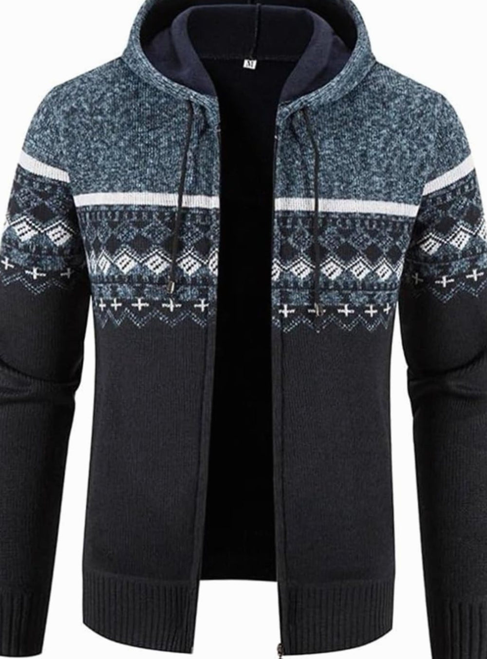 Men's Fleece-Lined Hooded Zip Front Cardigan Jumper - Blue Black