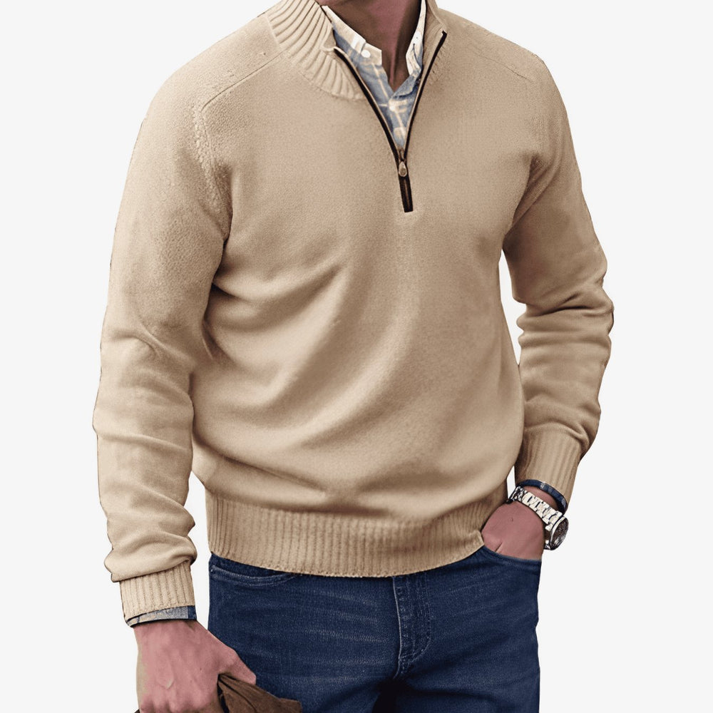Men's Knit Half-Zip Pullover Jumper Ribbed Collar Jumper - Brown
