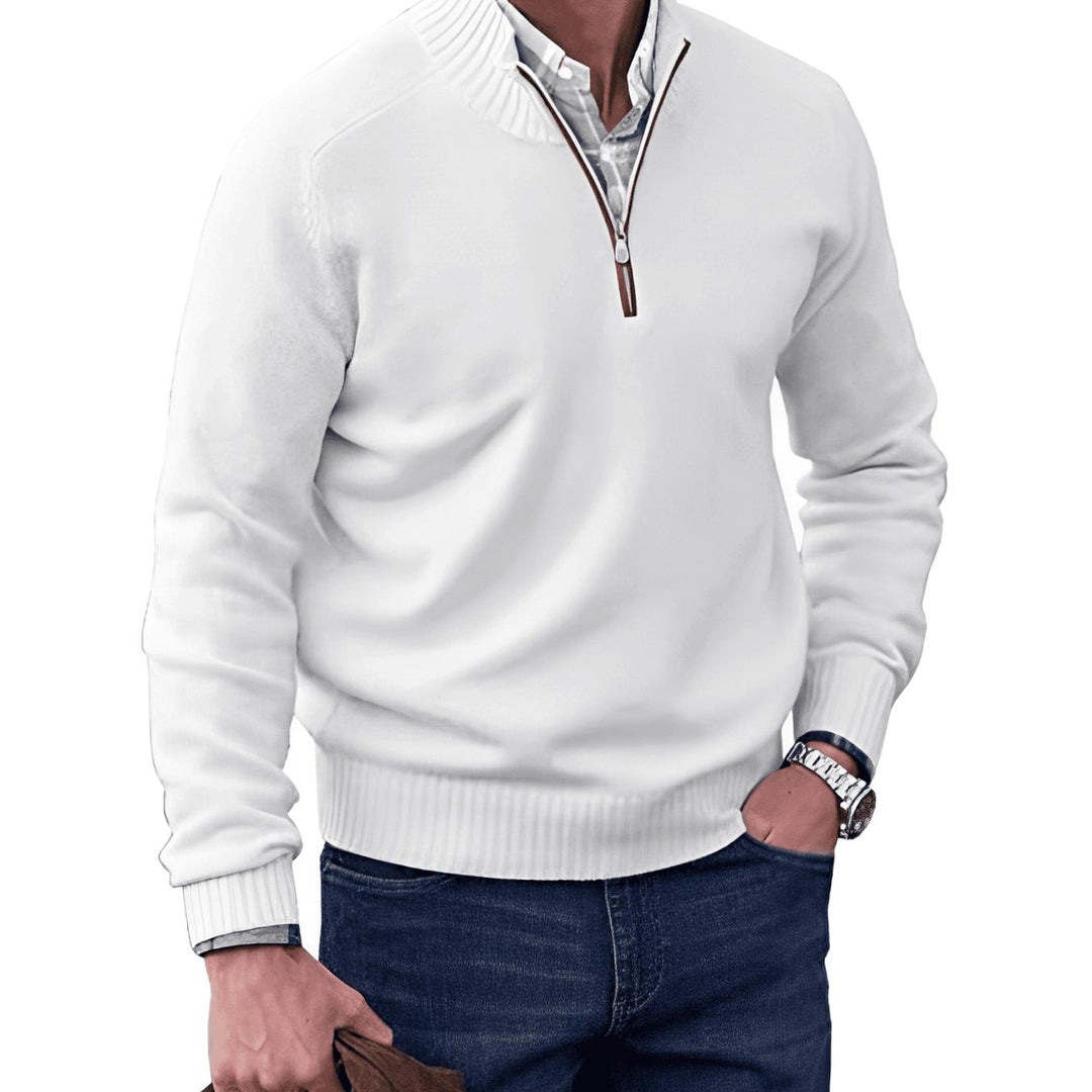 Men's Knit Half-Zip Pullover Jumper Ribbed Collar Jumper - White