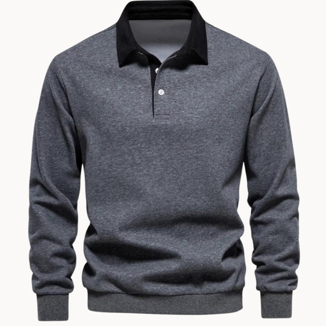 Men's Long-Sleeve Polo-Collar Contrast Style Jumper - Grey