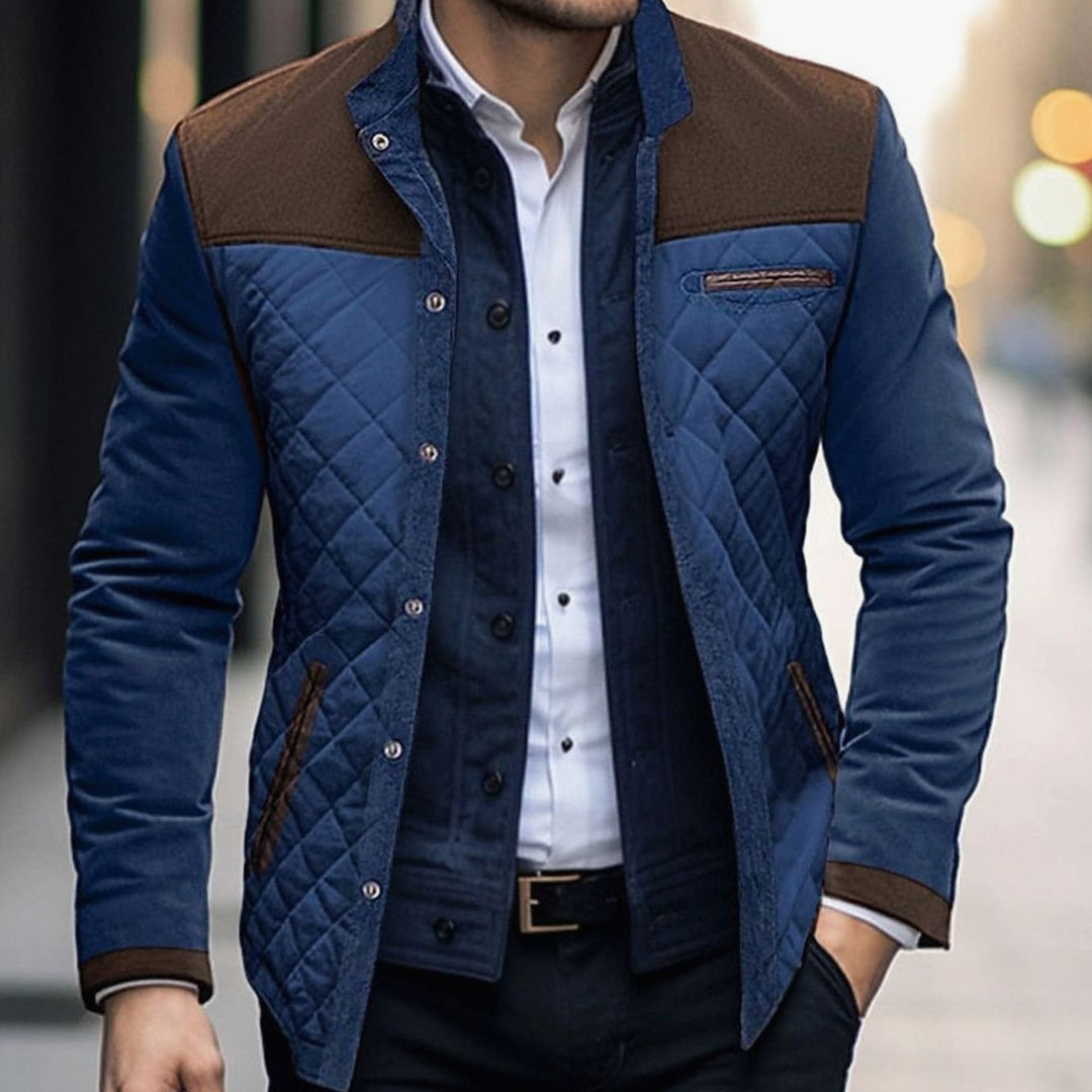 Men's Quilted Colour-Block Stand-Collar Snap-Button Jacket - Brown