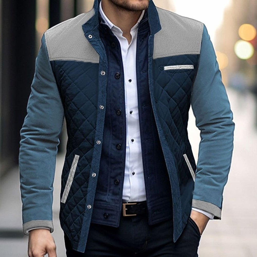 Men's Quilted Colour-Block Stand-Collar Snap-Button Jacket - Khaki