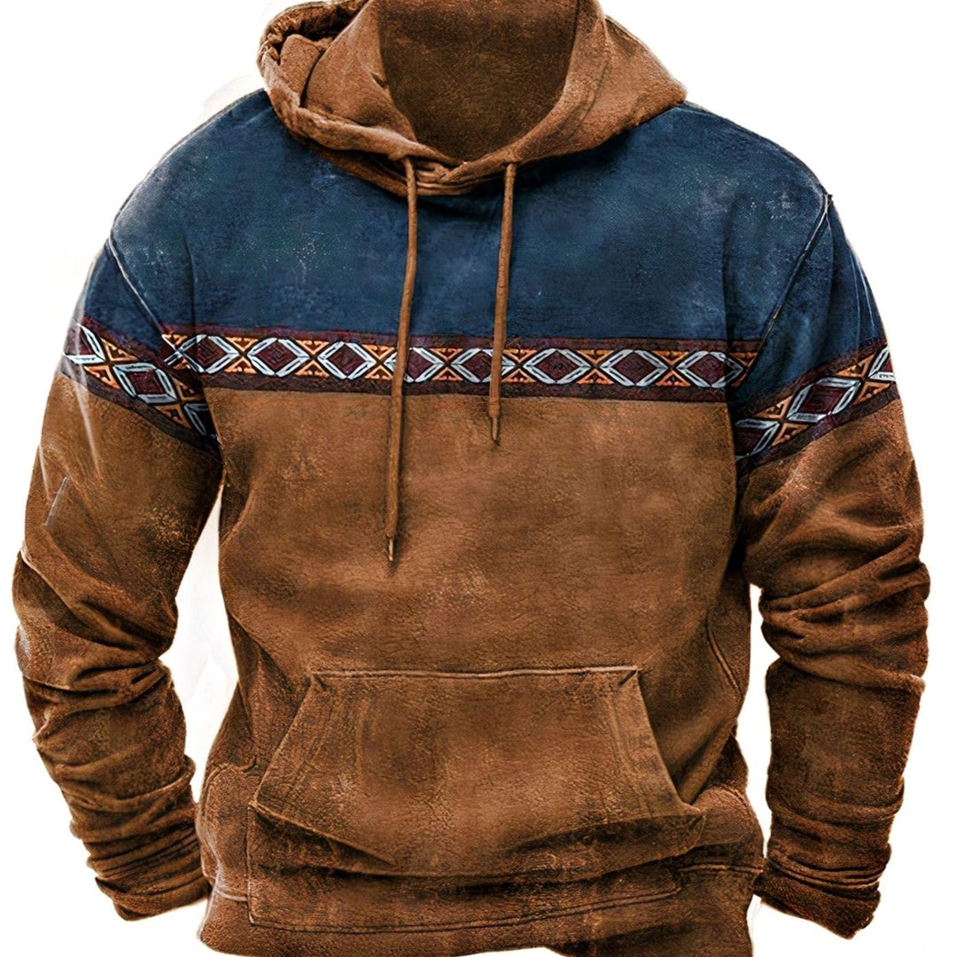Men's Retro Tribal Colour-Block Drawstring Casual Hoodie - Brown