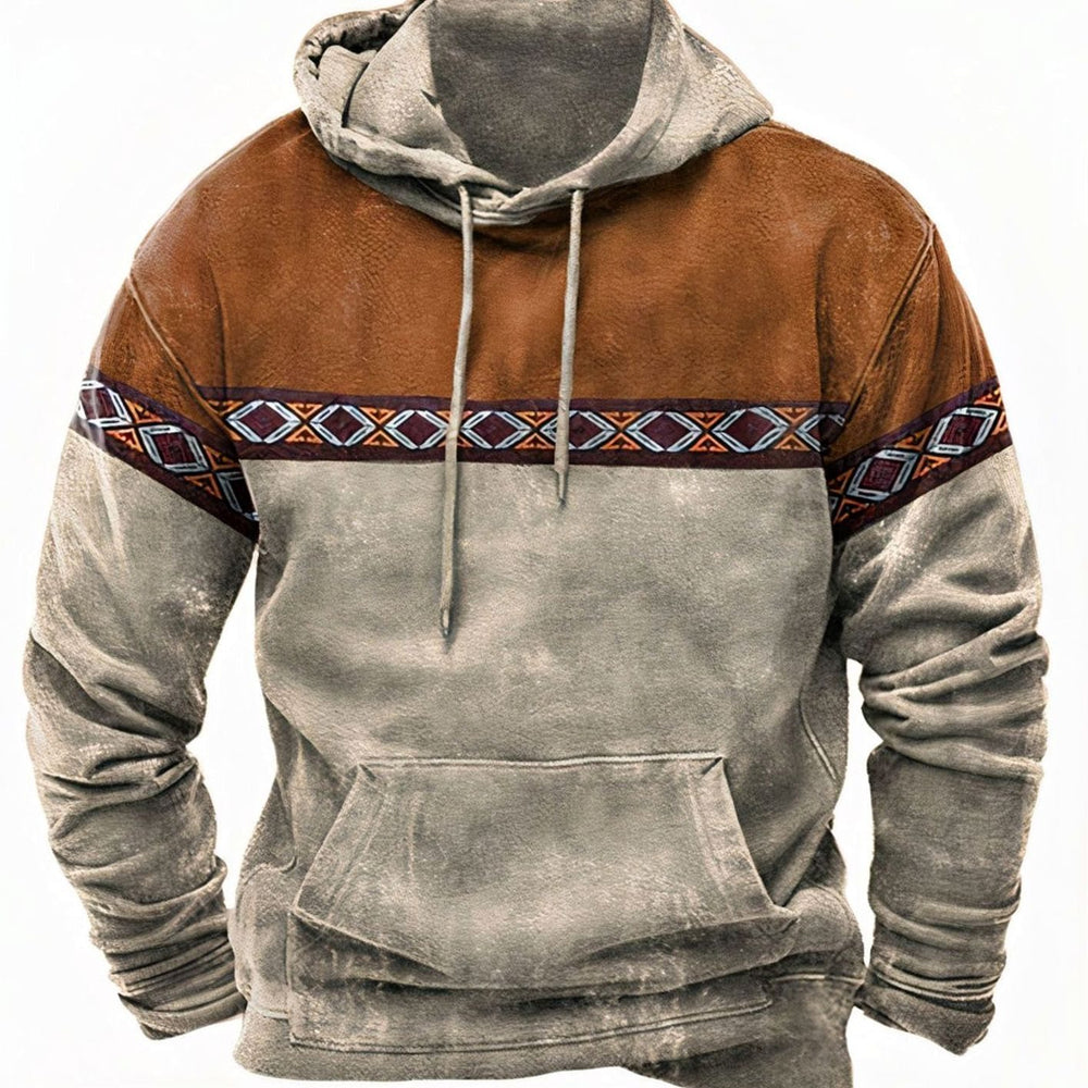 Men's Retro Tribal Colour-Block Drawstring Casual Hoodie - Khaki