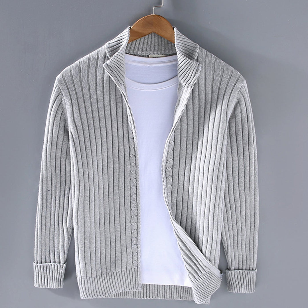 Men's Ribbed Knit Full-Zip Winter Cardigan Jumper - Grey