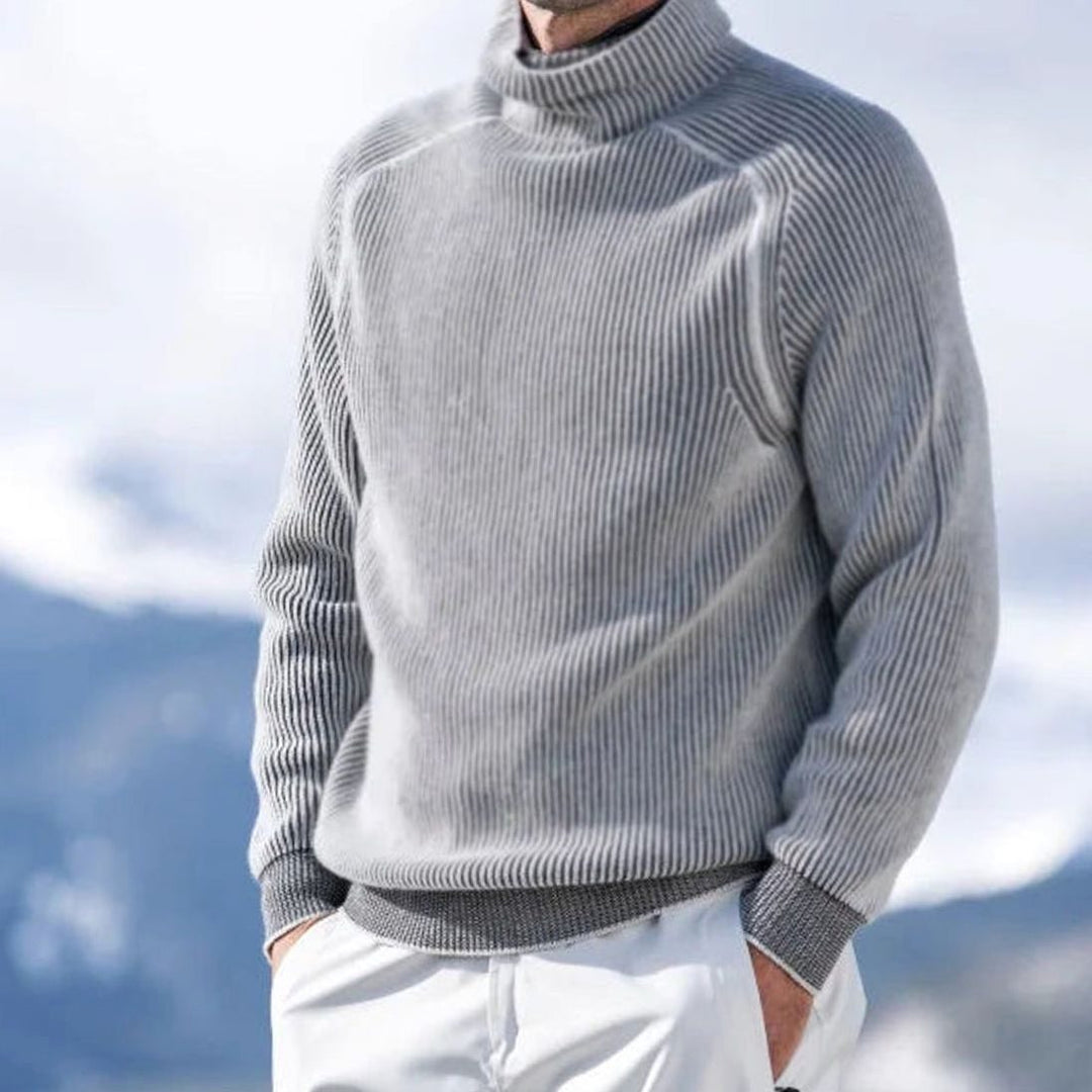 Men's Ribbed Knit Turtleneck Jumper Casual Winter Pullover - Grey