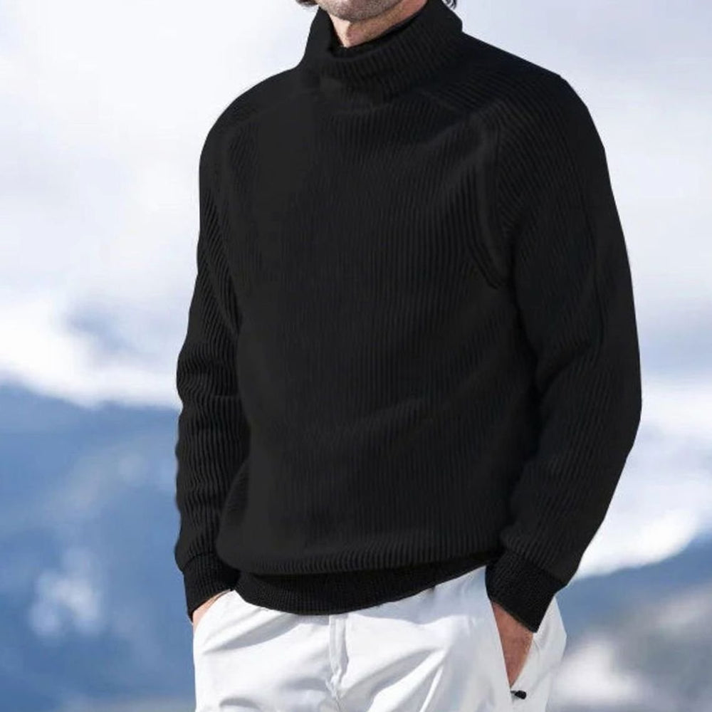 Men's Ribbed Knit Turtleneck Jumper Casual Winter Pullover - Black