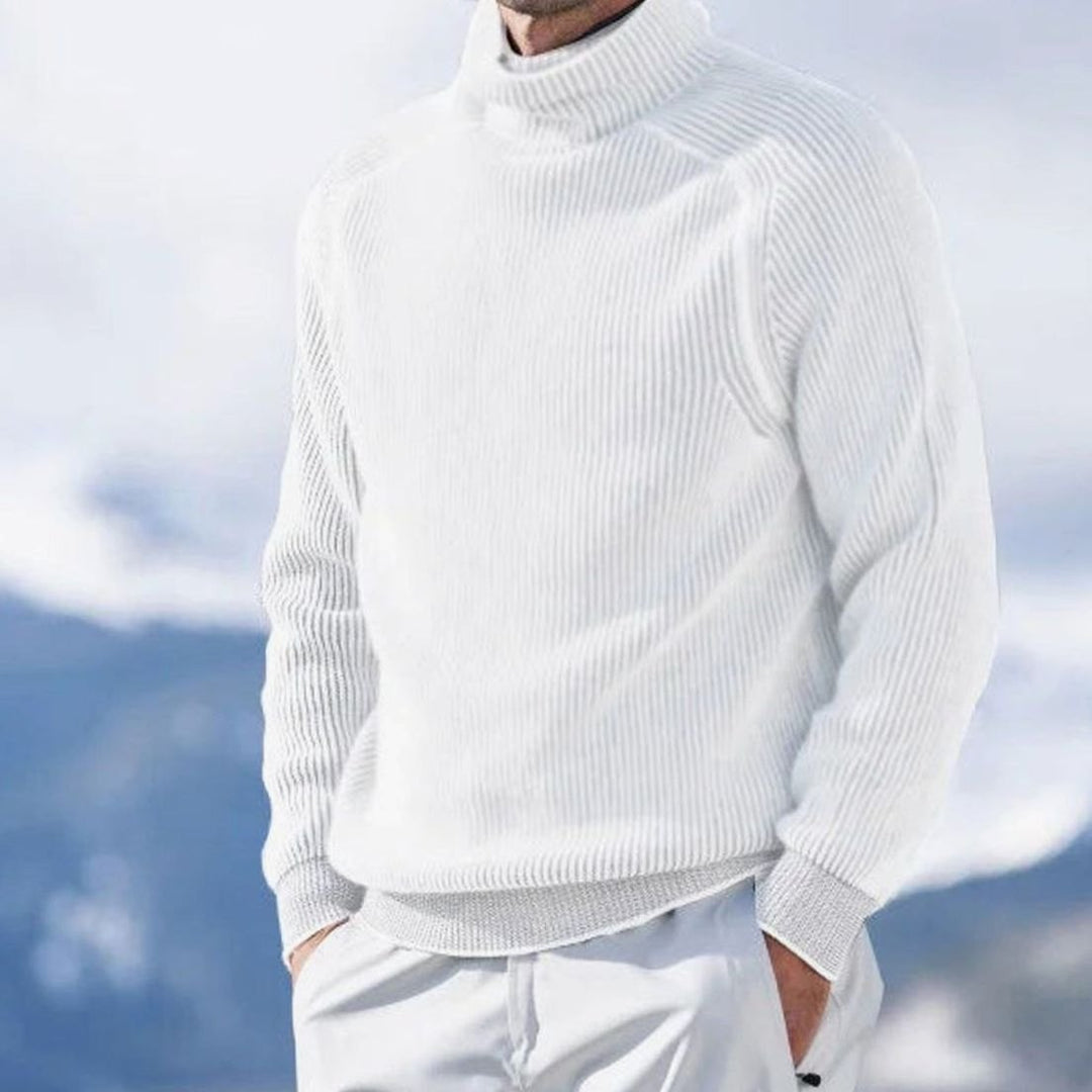 Men's Ribbed Knit Turtleneck Jumper Casual Winter Pullover - White