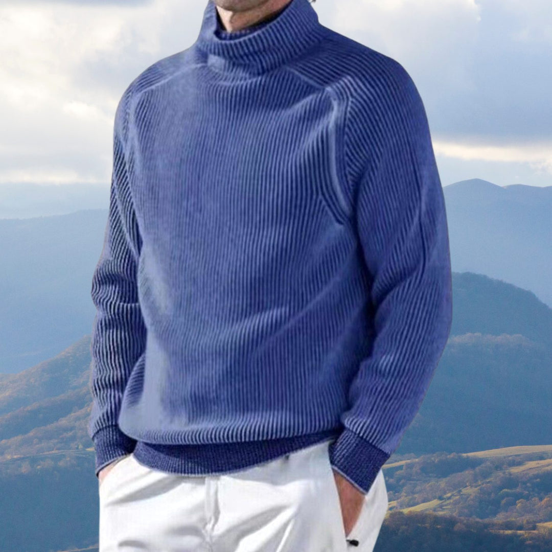 Men's Ribbed Knit Turtleneck Jumper Casual Winter Pullover - Blue