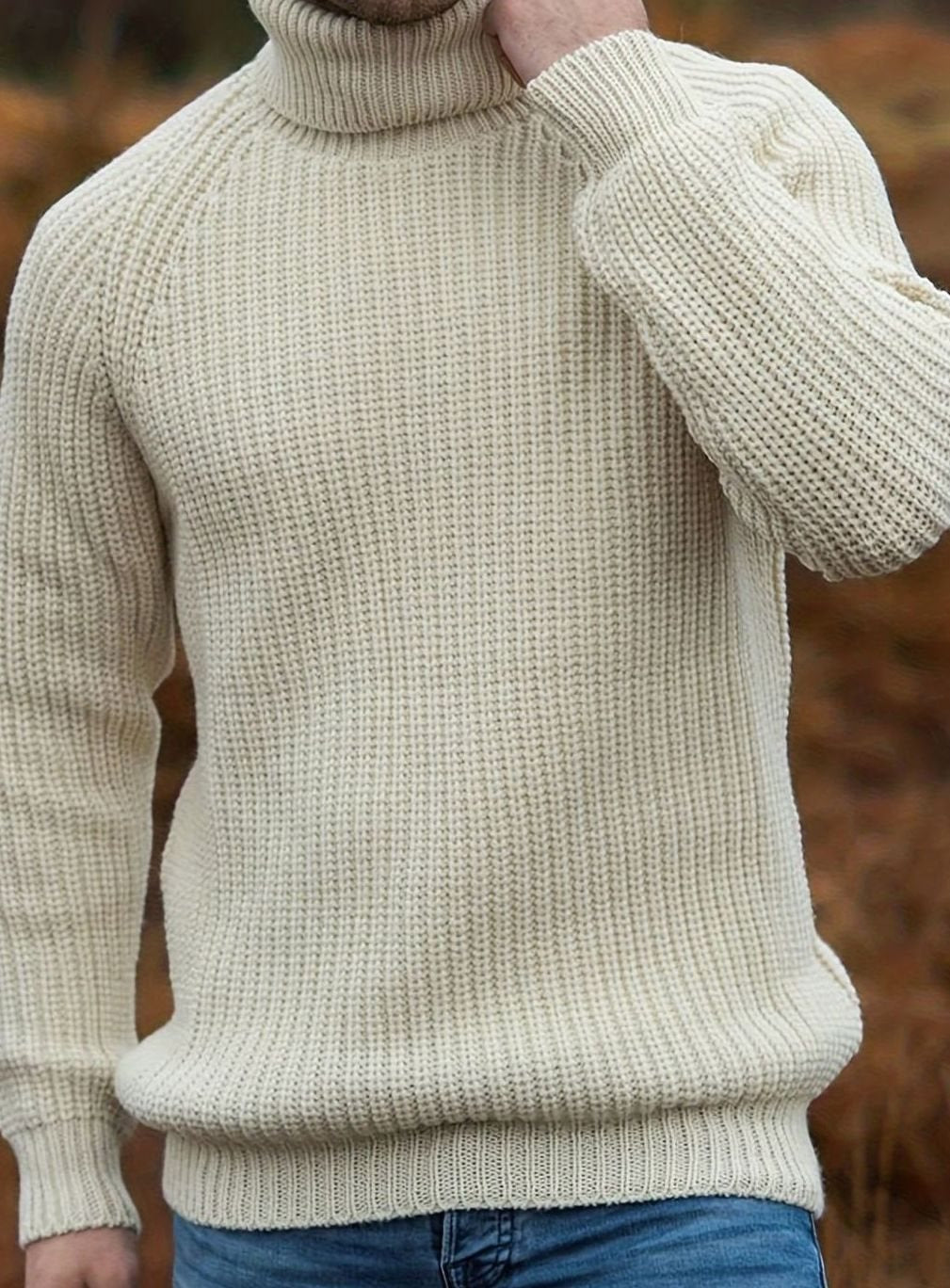 Men's Ribbed Knit Turtleneck Jumper Relaxed Pullover - Beige