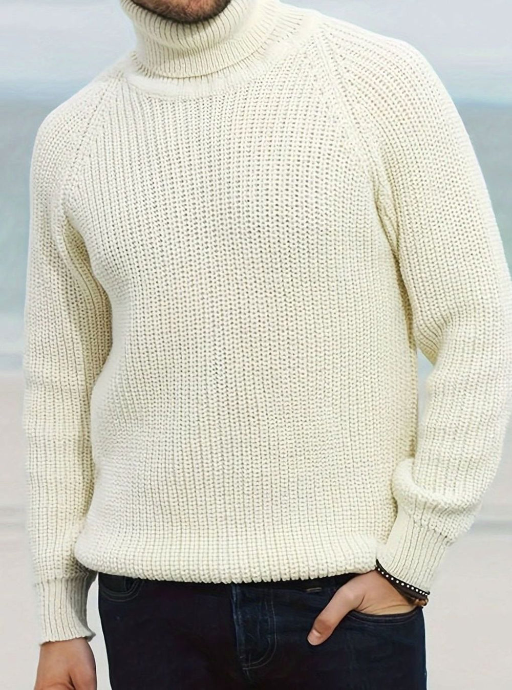Men's Ribbed Knit Turtleneck Jumper Relaxed Pullover