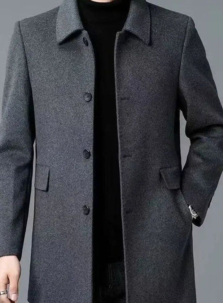 Men's Single-Breasted Wool Coat Tailored Overcoat, Dark Grey - Dark Grey