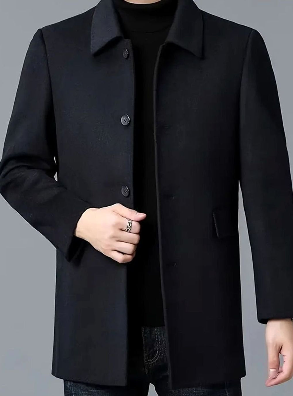 Men's Single-Breasted Wool Coat Tailored Overcoat, Dark Grey - Black