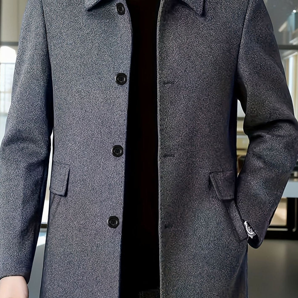 Men's Single-Breasted Wool Overcoat Classic Lapel Collar, Dark Grey - Dark Grey