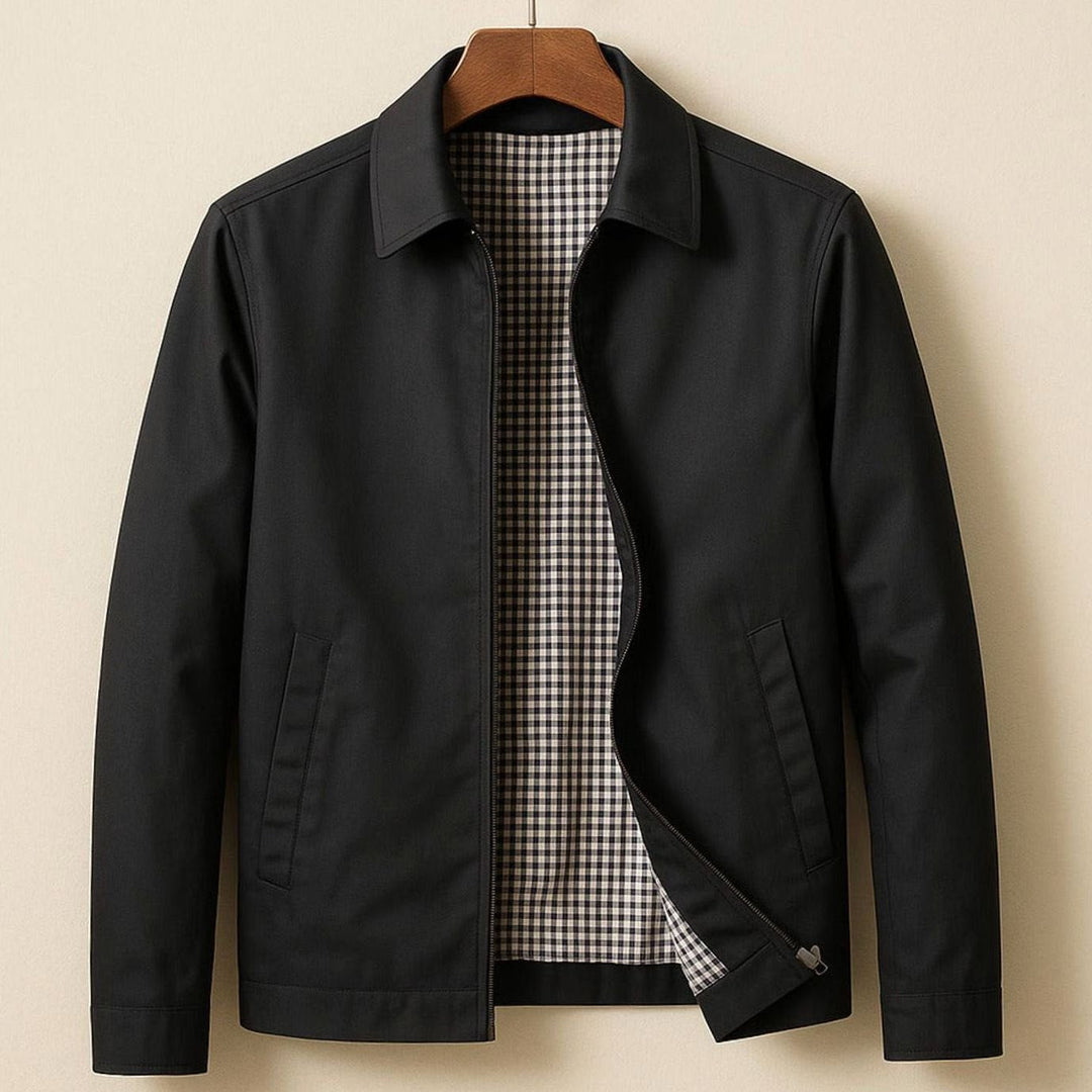 Men's Smart-Casual Harrington Jacket Gingham-Lined Zip-Up - Black