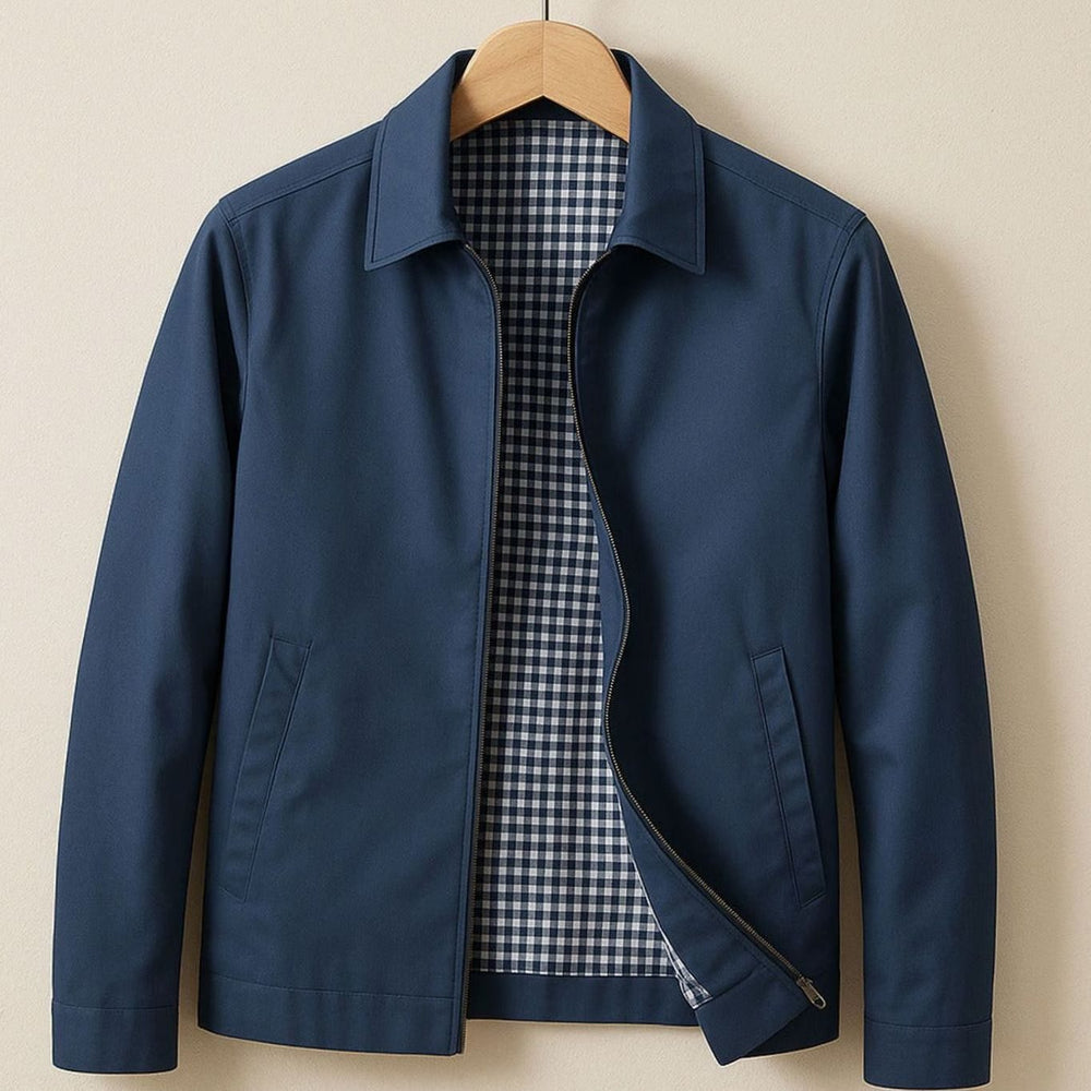 Men's Smart-Casual Harrington Jacket Gingham-Lined Zip-Up - Blue