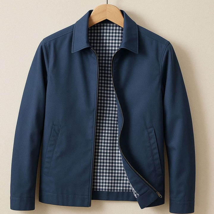 Men's Smart-Casual Harrington Jacket Gingham-Lined Zip-Up - Blue