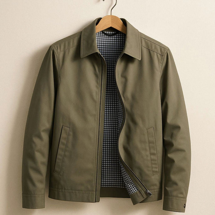 Men's Smart-Casual Harrington Jacket Gingham-Lined Zip-Up - Khaki