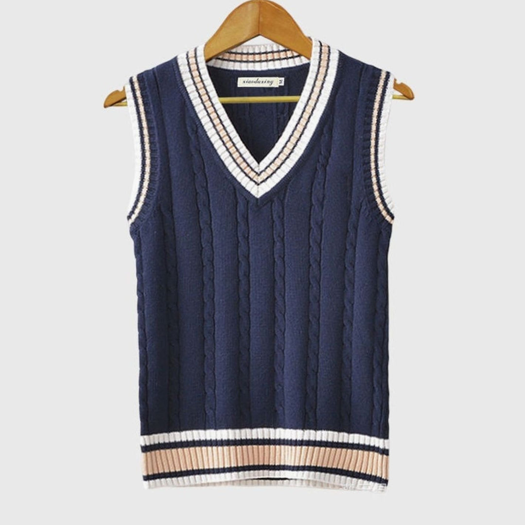 Men's V-Neck Cable Knit Sleeveless Sleeveless Jumper Striped Trim - Blue