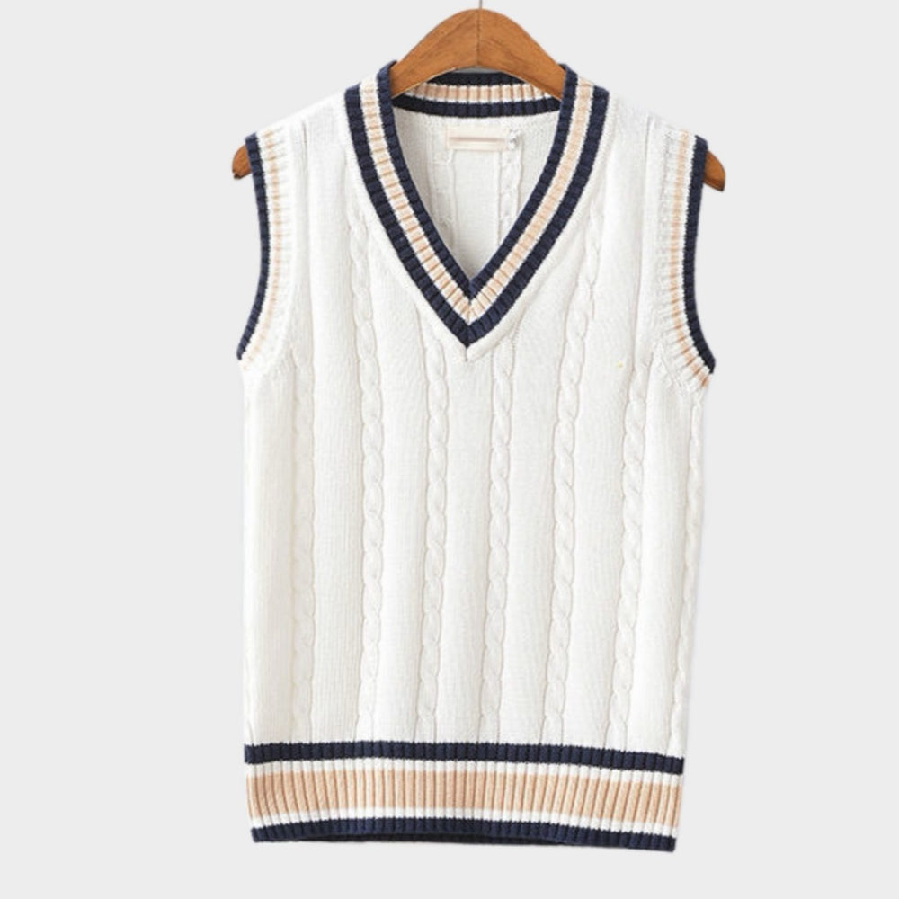 Men's V-Neck Cable Knit Sleeveless Sleeveless Jumper Striped Trim - White