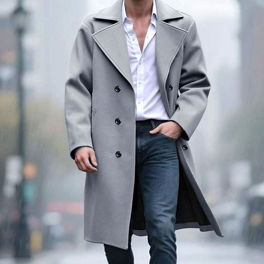 Men's Wool Coat Double-Breasted Tailored Long Overcoat, Light Grey - Light Grey