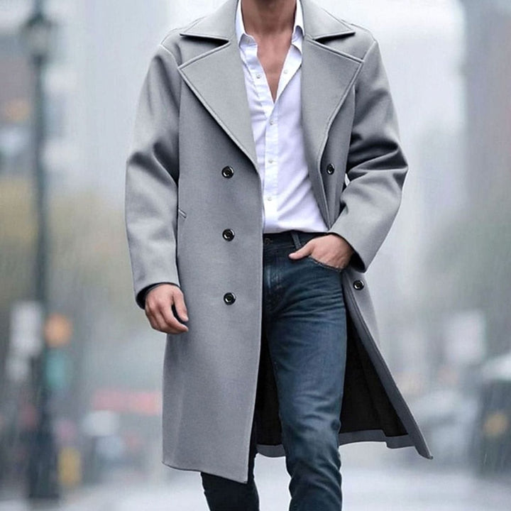 Men's Wool Coat Double-Breasted Tailored Long Overcoat, Light Grey - Light Grey
