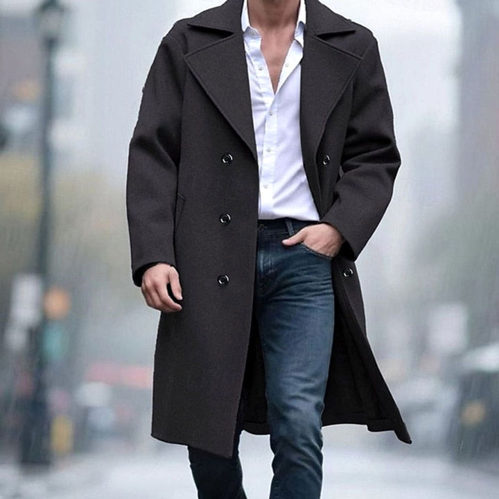 Men's Wool Coat Double-Breasted Tailored Long Overcoat, Light Grey - Black