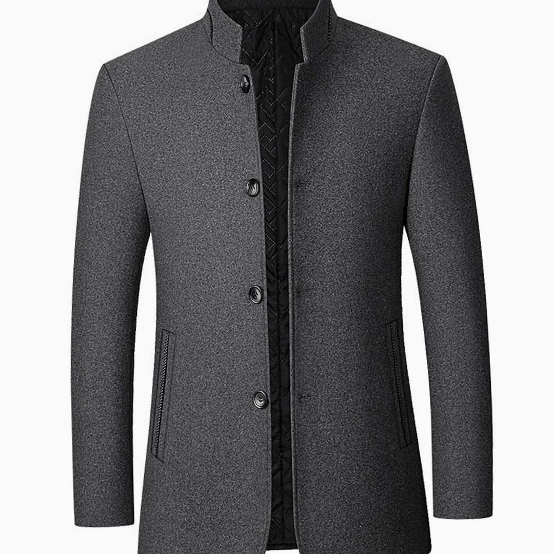 Men's Wool Stand Collar Overcoat Tailored Button-Front Coat - Grey