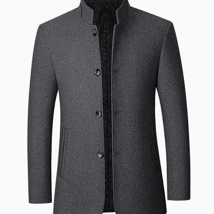Men's Wool Stand Collar Overcoat Tailored Button-Front Coat - Grey