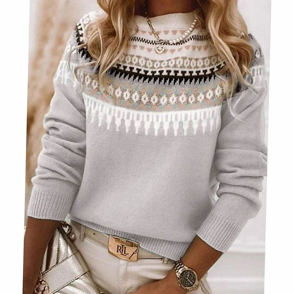 Women's Aztec Patterned Crew-Neck Knit Jumper - Light Grey