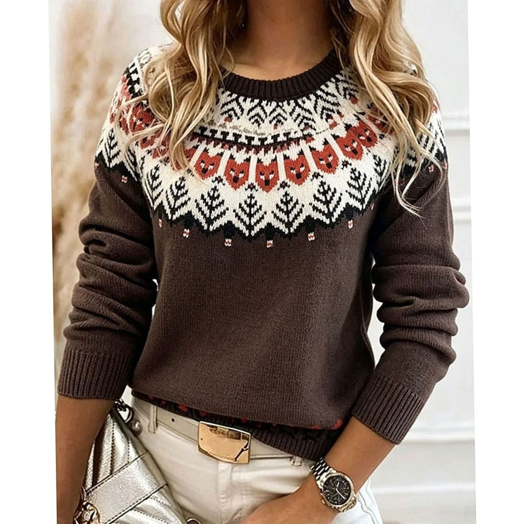 Women's Aztec Patterned Crew-Neck Knit Jumper - Brown