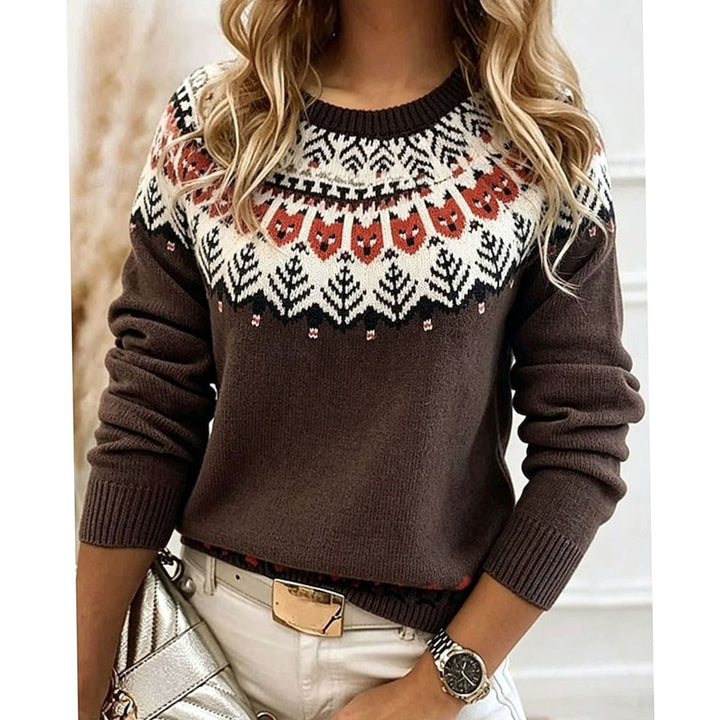 Women's Aztec Patterned Crew-Neck Knit Jumper - Brown