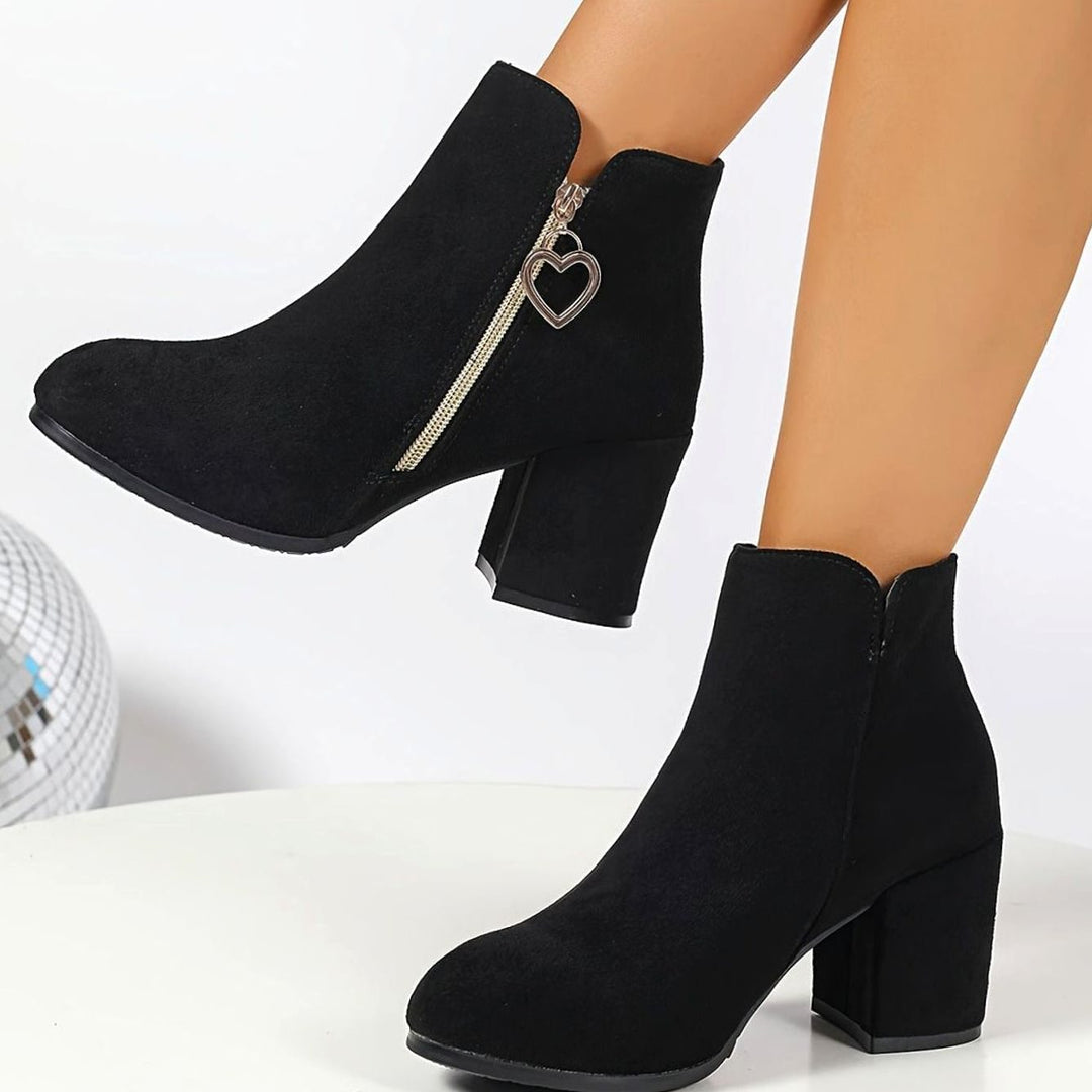 Women's Black Suede Block-Heel Ankle Boots Heart-Charm Zip Elegant - Black