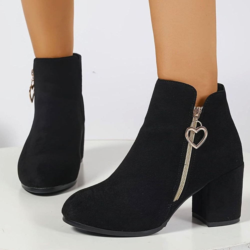 Women's Black Suede Block-Heel Ankle Boots Heart-Charm Zip Elegant