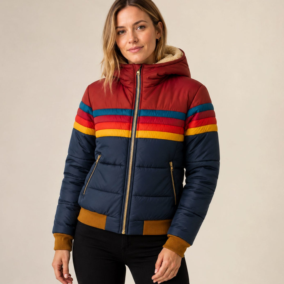 Women's Colour-Block Hooded Waterproof Puffer Jacket - Navy