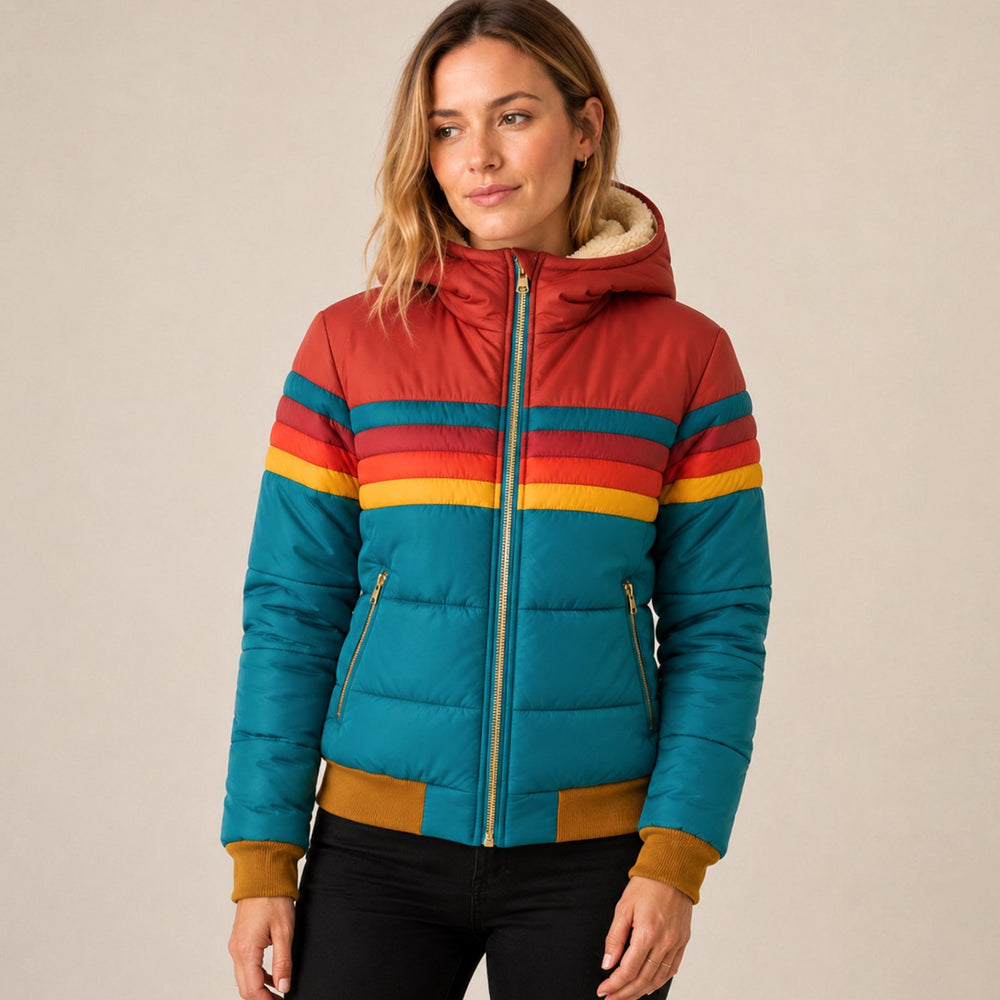 Women's Colour-Block Hooded Waterproof Puffer Jacket - Blue