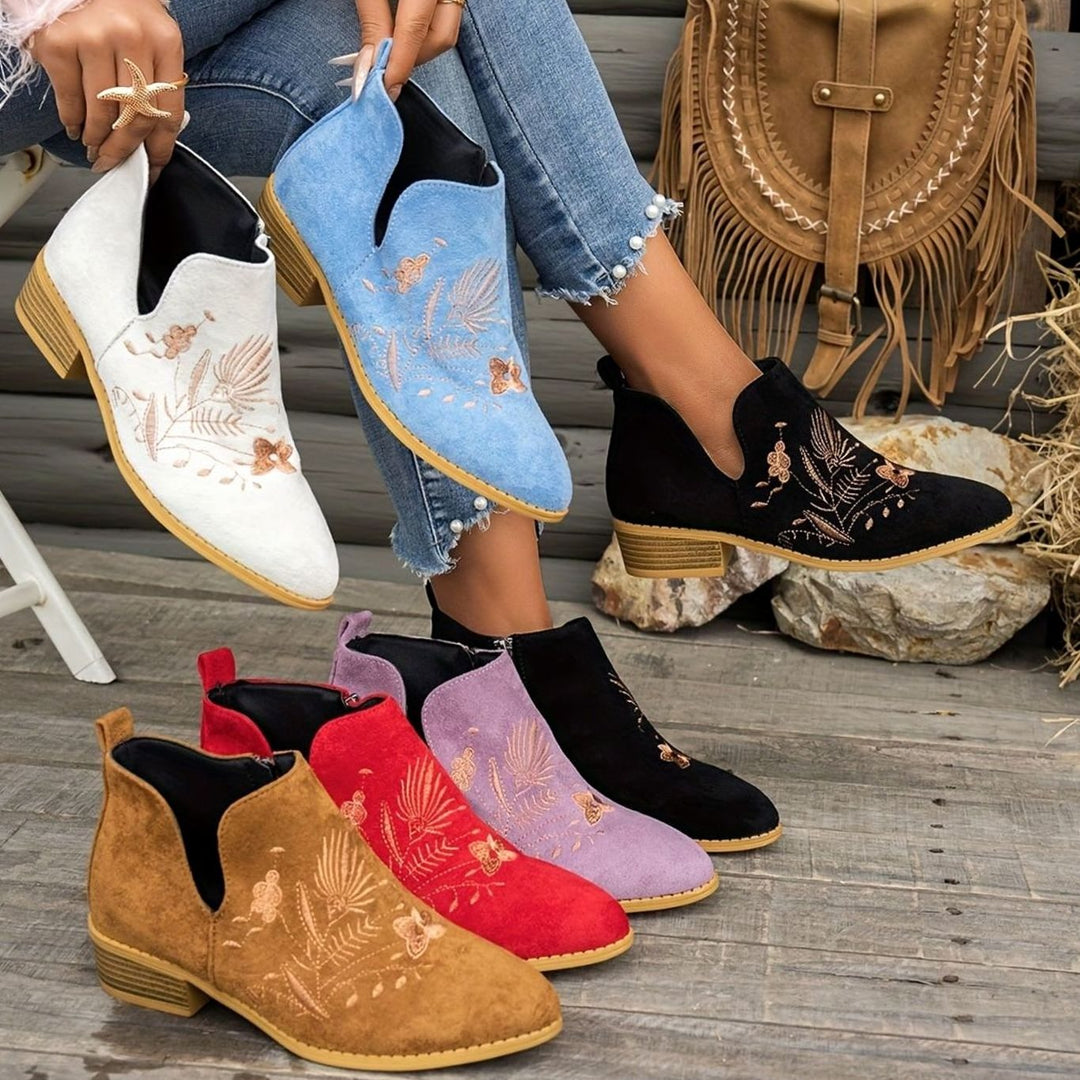 Women's Embroidered Low-Heel Pointed-Toe Ankle Boots, Multicolour
