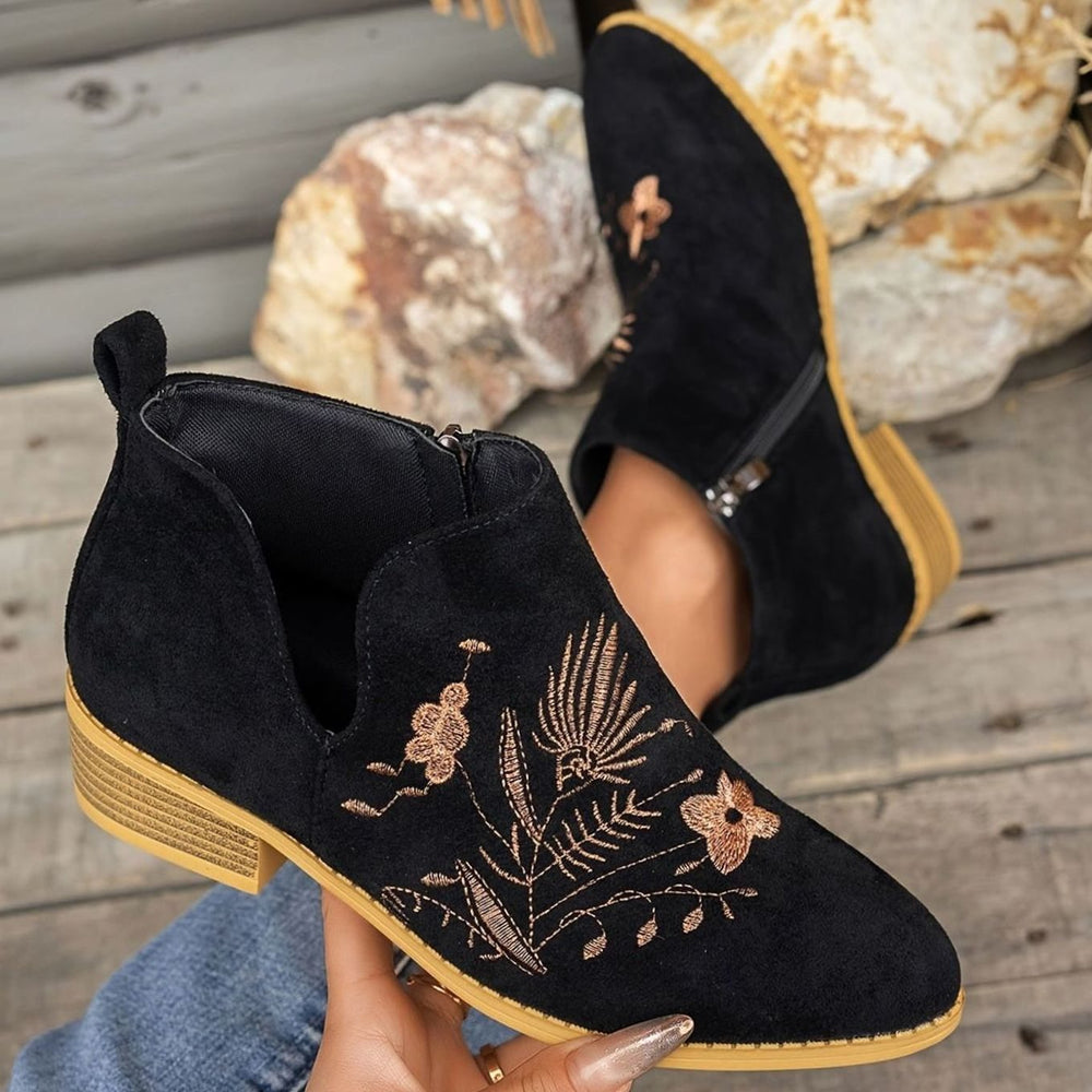 Women's Embroidered Low-Heel Pointed-Toe Ankle Boots, Multicolour