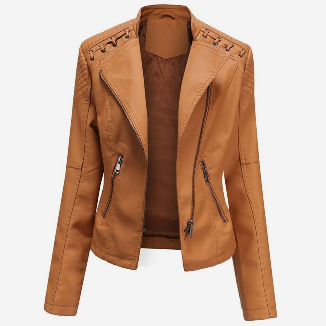 Women's Faux Leather Zip Front Jacket Quilted Shoulder Moto - Camel
