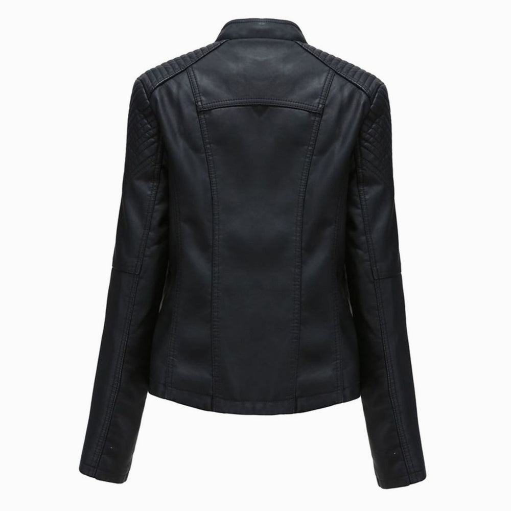Women's Faux Leather Zip Front Jacket Quilted Shoulder Moto