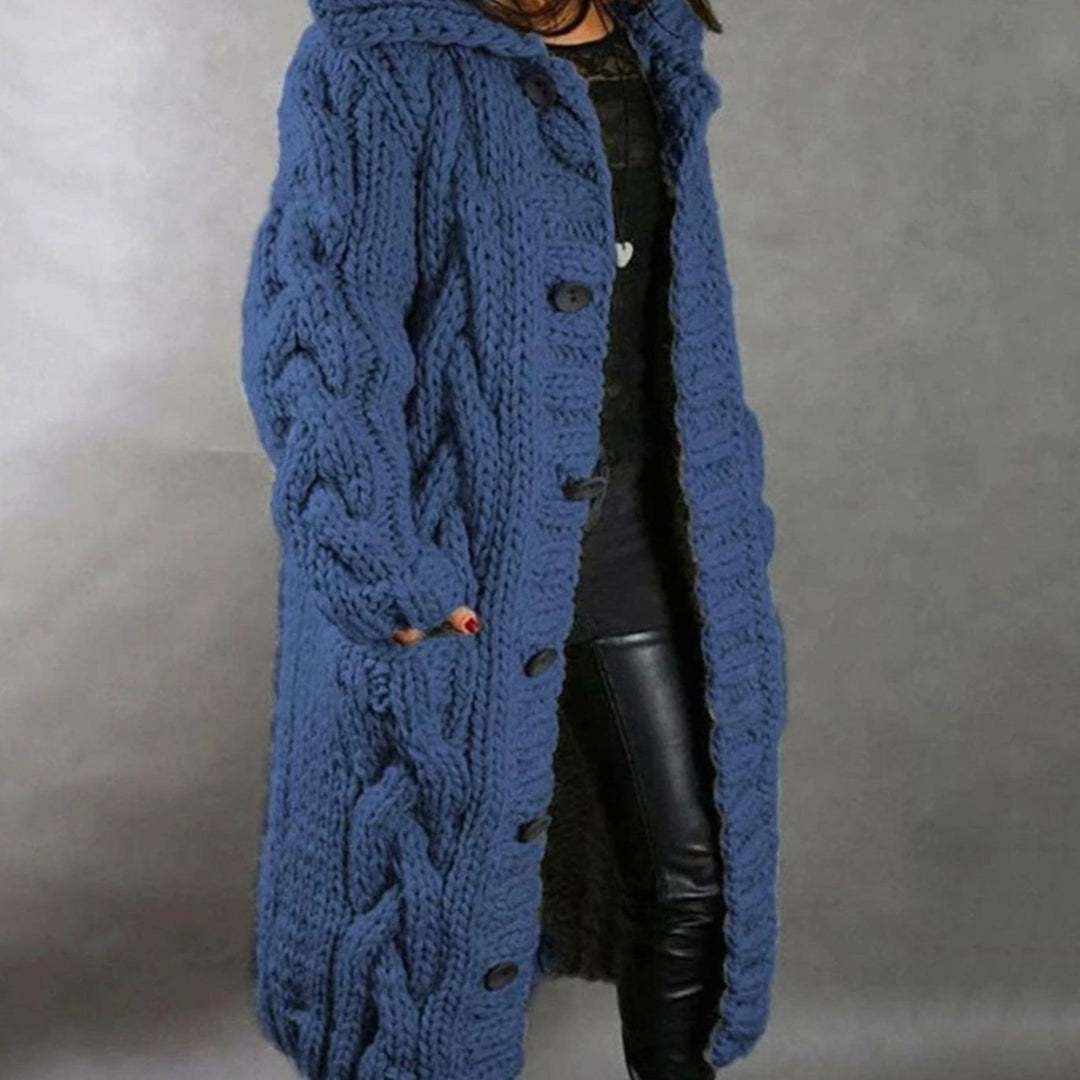 Women's Long Hooded Cable Knit Cardigan Button-Front Jumper Coat - Blue