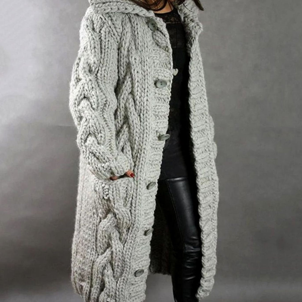 Women's Long Hooded Cable Knit Cardigan Button-Front Jumper Coat - Silver Grey